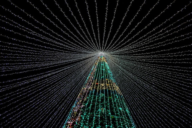 Arbre de Noël avec des lumières sur le fond du ciel nocturne