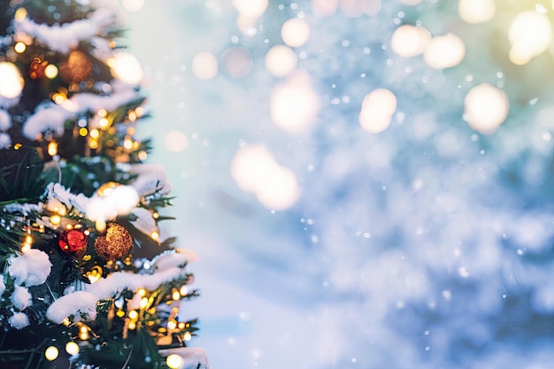 Un arbre de Noël avec des lumières et de la neige dessus