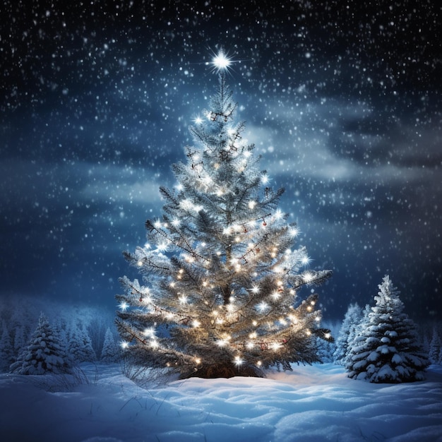 Arbre de Noël avec des lumières neige image de fond d'hiver art généré par l'IA