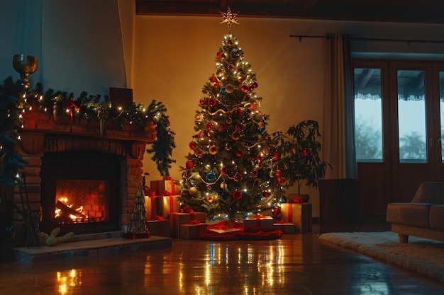 Arbre de Noël avec des lumières près de la cheminée Décor de la maison