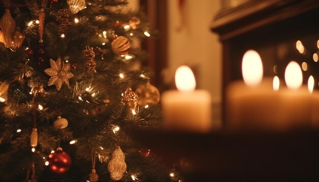 Un arbre de Noël lumineux illumine un salon confortable généré par l'IA