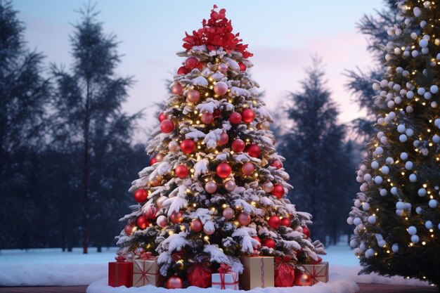 Arbre de Noël magnifiquement décoré en plein air