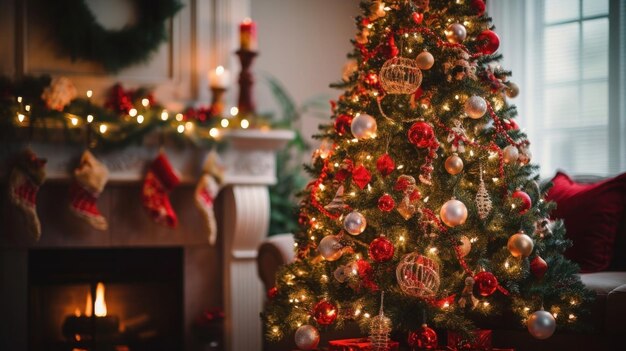 arbre de Noël magnifiquement orné de lumières scintillantes et d'ornements de fête