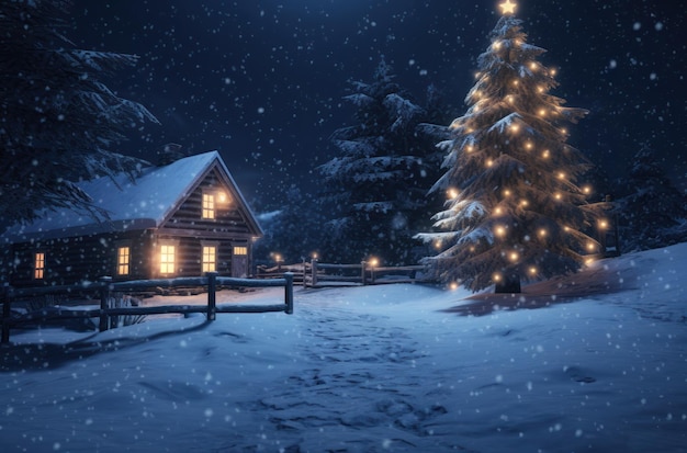 un arbre de Noël et une maison éclairée dans la neige