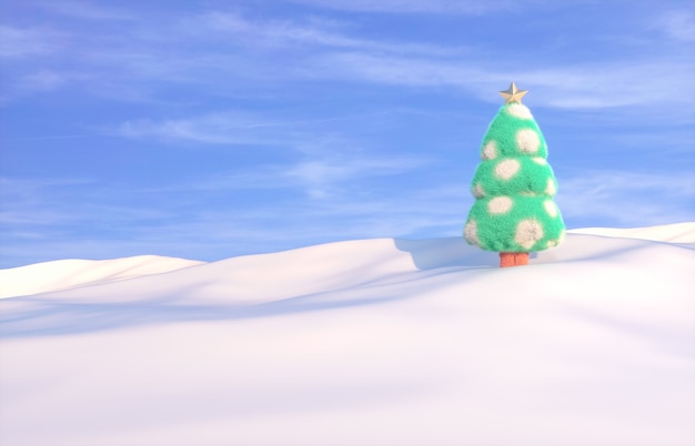 Arbre de Noël moelleux sur scène d'hiver. Rendu 3D.