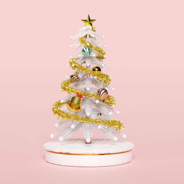 Arbre de Noël avec de la neige et des ornements isolés sur fond rose Concept de Noël et une illustration 3D ou un rendu 3D du Nouvel An festif