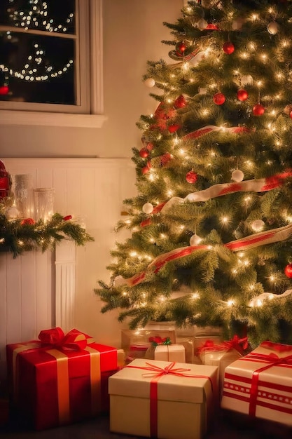 Un arbre de Noël avec un ornement d'or accroché à lui