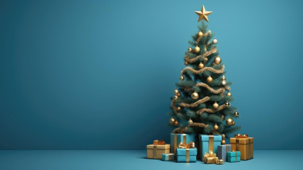 Un arbre de Noël avec des ornements et des cadeaux devant un mur bleu