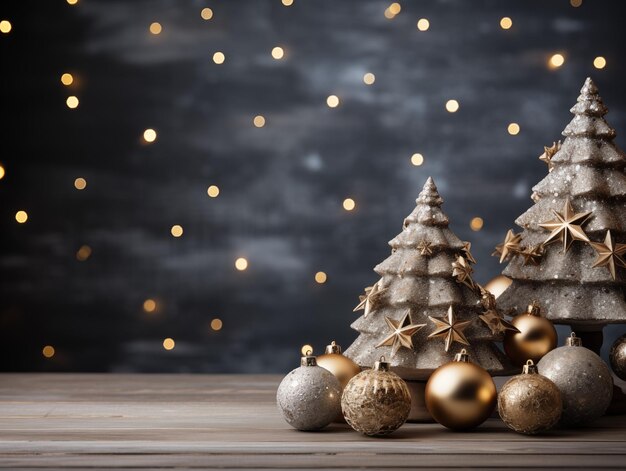 Un arbre de Noël avec des ornements et des cadeaux devant un mur gris Copier l'espace pour le texte