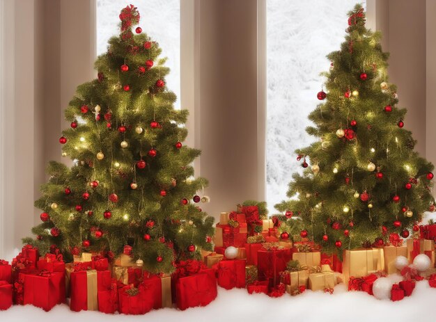 Photo arbre de noël avec des ornements et des cadeaux sur le sol de la neige dans la maison