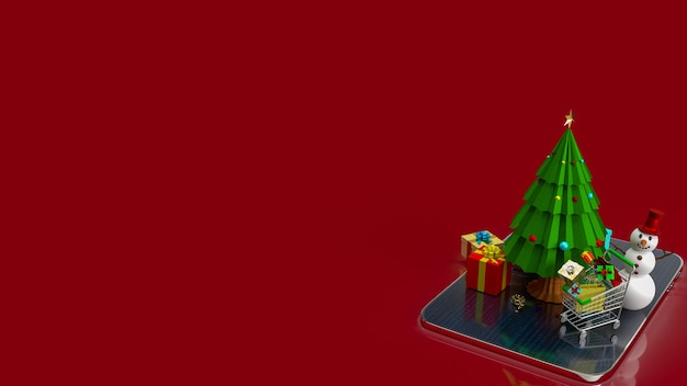 L'arbre de Noël et le panier sur tablette pour le rendu 3d du concept de fête ou de vacances