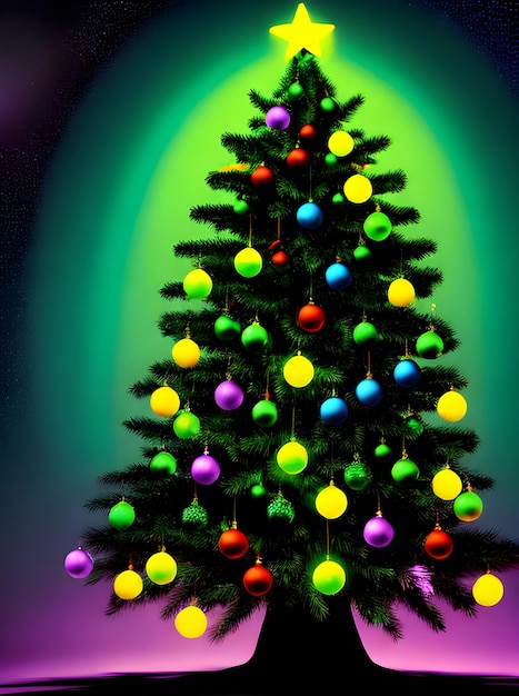 Arbre de Noël peint bg knolling style papercut couleurs néon IA générative générée