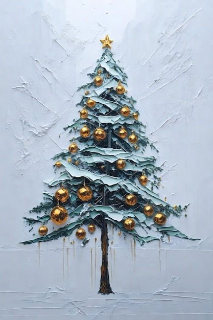 Arbre de Noël peint avec des peintures à l'huile sur fond blanc