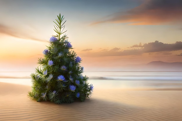 Un arbre de Noël sur une plage avec un coucher de soleil en arrière-plan