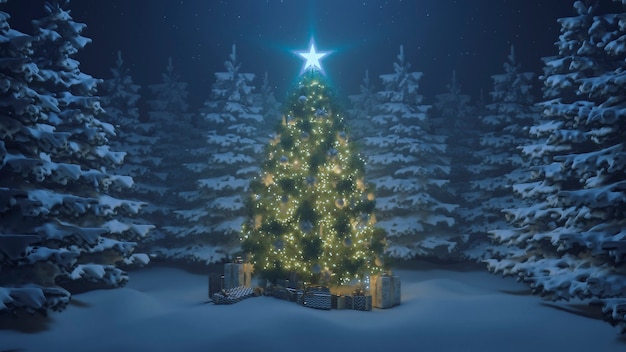 Arbre de Noël de rendu 3D avec une étoile brillante et une guirlande dans la forêt avec des chutes de neige