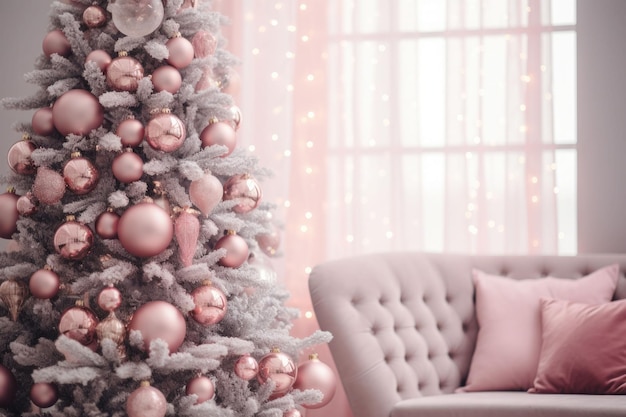 Arbre de Noël rose et décorations Arrière-plan de Noël illustration générée par l'IA