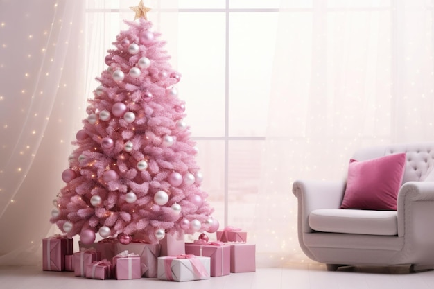 Arbre de Noël rose et décorations Fond de Noël Illustration générée par l'IA