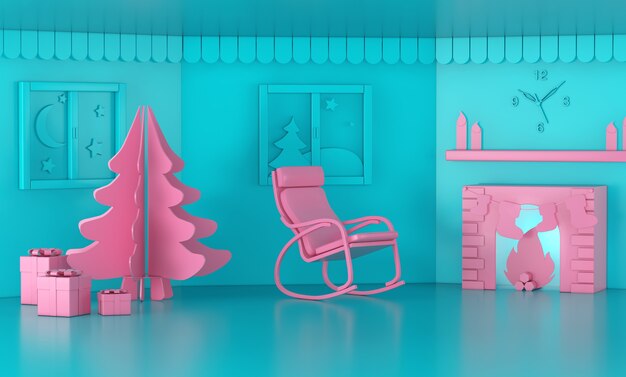 Arbre de Noël rose du nouvel an dans le salon avec cheminée et chaise de style bichromie sur fond bleu. Rendu 3D