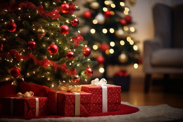 Arbre de Noël avec un ruban rouge et des cadeaux