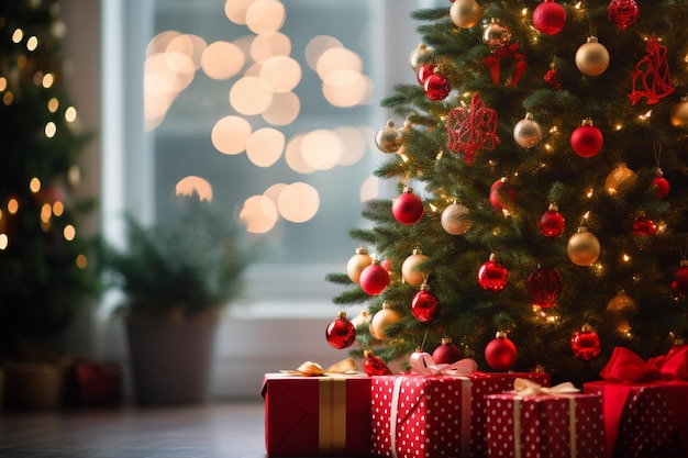 Arbre de Noël avec un ruban rouge et des cadeaux