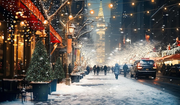 Arbre de Noël sur la rue festive de la ville de New York, les gens de la vie urbaine marchent au feu de circulation