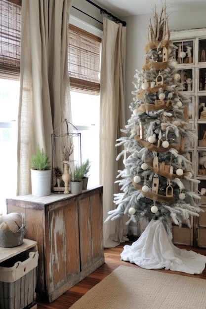 Arbre de noël rustique avec des ornements en bois et une guirlande de toile de jute créée avec une IA générative