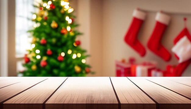 Arbre de Noël avec table en bois et arrière-plan flou avant le jour de Noël