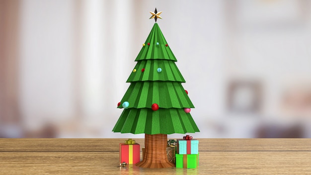 L'arbre de Noël sur la table en bois pour la célébration de vacances ou le rendu 3d de fond d'affaires de promotion