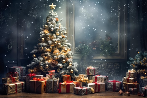 Arbre de Noël et tas de coffrets cadeaux et espace pour le texte sur fond de mur de Noël