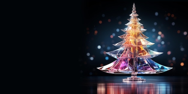 Arbre de Noël en verre coloré contre les lumières bokeh Bannière avec spacy gratuit sur fond noir