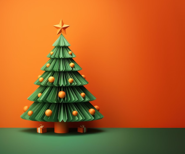 Arbre de Noël vert créatif en papier avec boules sur fond orange avec espace de copie IA générative