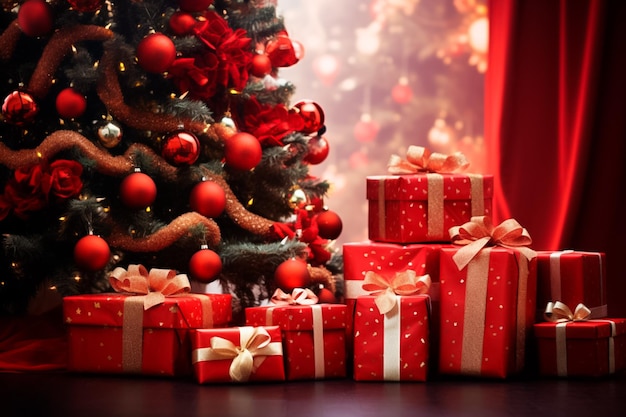 Un arbre de Noël vert et rouge rayonnant rempli d'ornements étincelants aspire à la joie des cadeaux