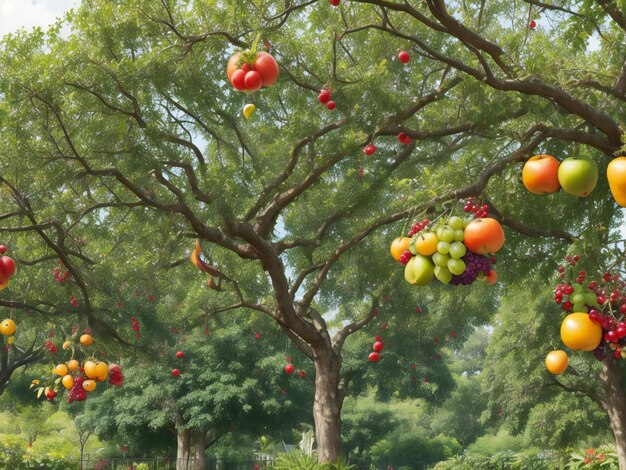 un arbre avec de nombreux fruits qui y pendent