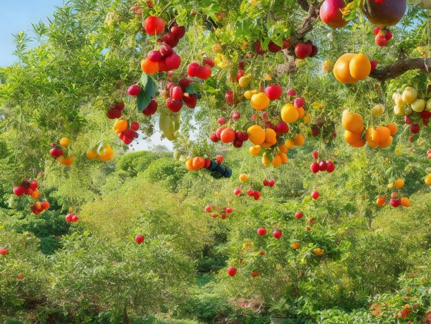 un arbre avec de nombreux fruits qui y pendent