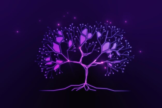 Arbre numérique abstrait sur fond violet Big data et concept de connexion réseau rendu 3D