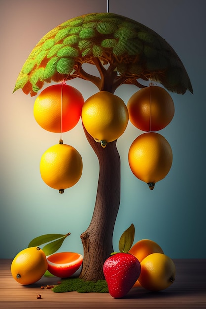 Un arbre avec des oranges et un arbre avec le mot " dessus "