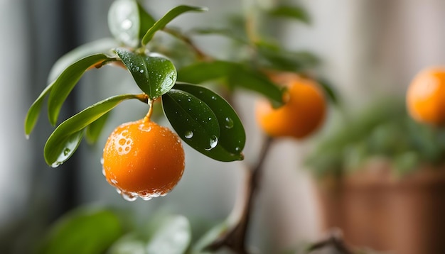 un arbre avec des oranges dessus et des gouttes d'eau dessus