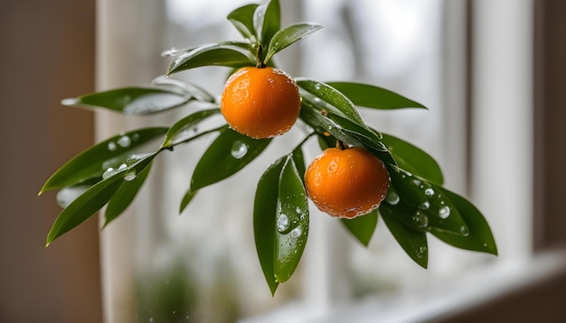 un arbre avec des oranges dessus et la pluie tombe dessus