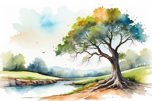 Arbre de paysage dessiné en aquarelle sur un sol blanc