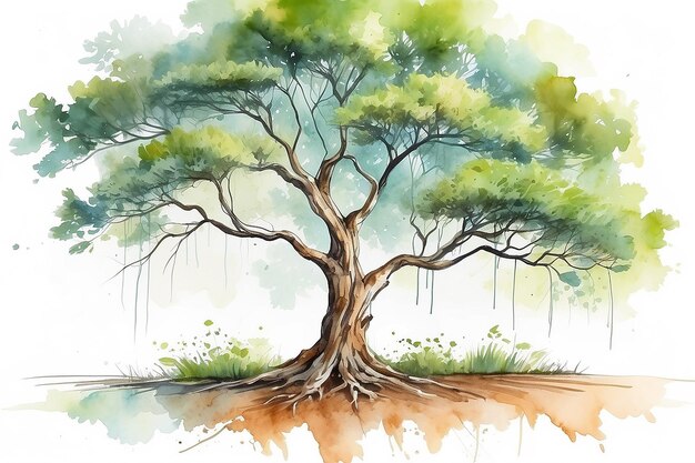 Photo arbre de paysage dessiné en aquarelle sur un sol blanc