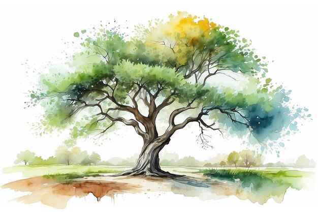 Photo arbre de paysage dessiné en aquarelle sur un sol blanc