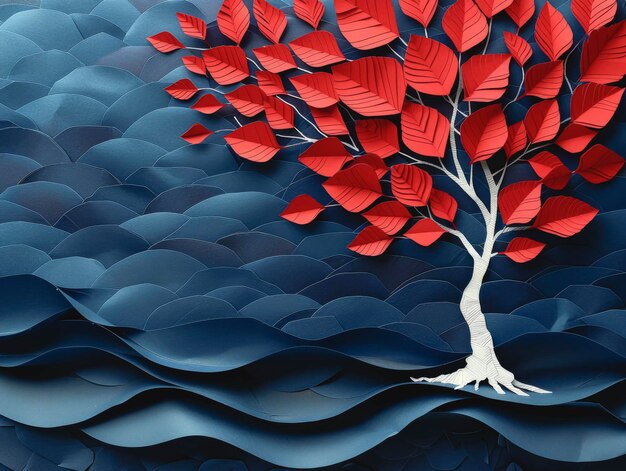 Arbre de paysage en papier avec des feuilles rouges sur un fond bleu