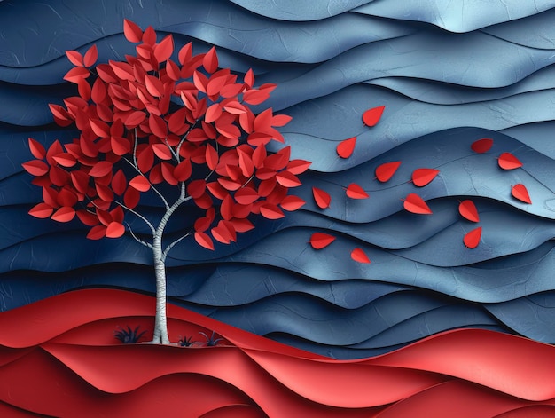 Arbre de paysage en papier avec des feuilles rouges sur un fond bleu