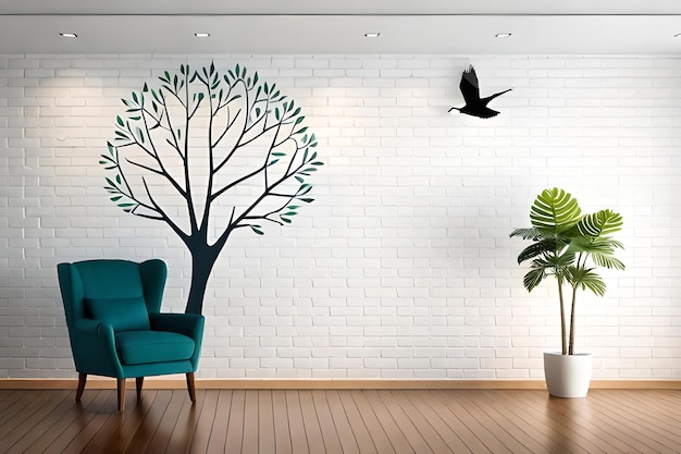 Un arbre peint sur un mur avec un oiseau volant au-dessus.