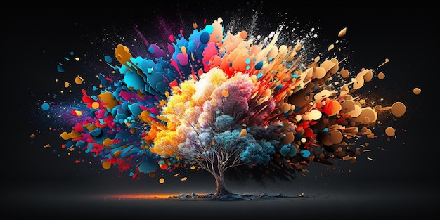 Un arbre avec de la peinture colorée éclaboussé dessus et fond noir ai génératif