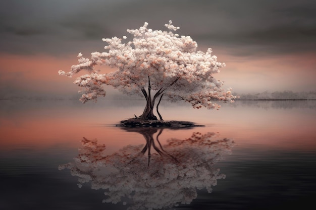 Un arbre sur une petite île aux fleurs roses