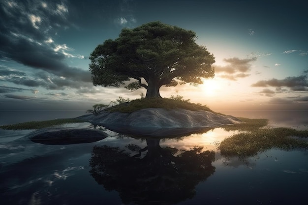 Un arbre sur une petite île avec un coucher de soleil en arrière-plan