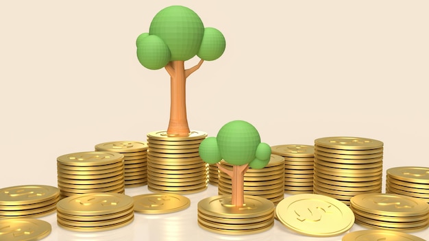 L'arbre et les pièces d'or pour le rendu 3d du concept d'entreprise