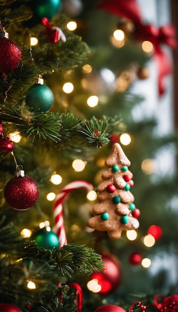 arbre de pin avec des décorations de Noël capricieuses et ludiques telles que des soldats jouets canes de bonbons