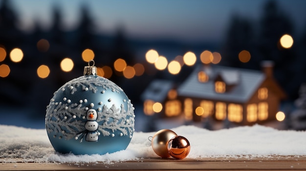 Photo arbre de pin décoré et maison de bonhomme de neige ornement d'étoile sur arbre boule de noël sur arbre ia générative